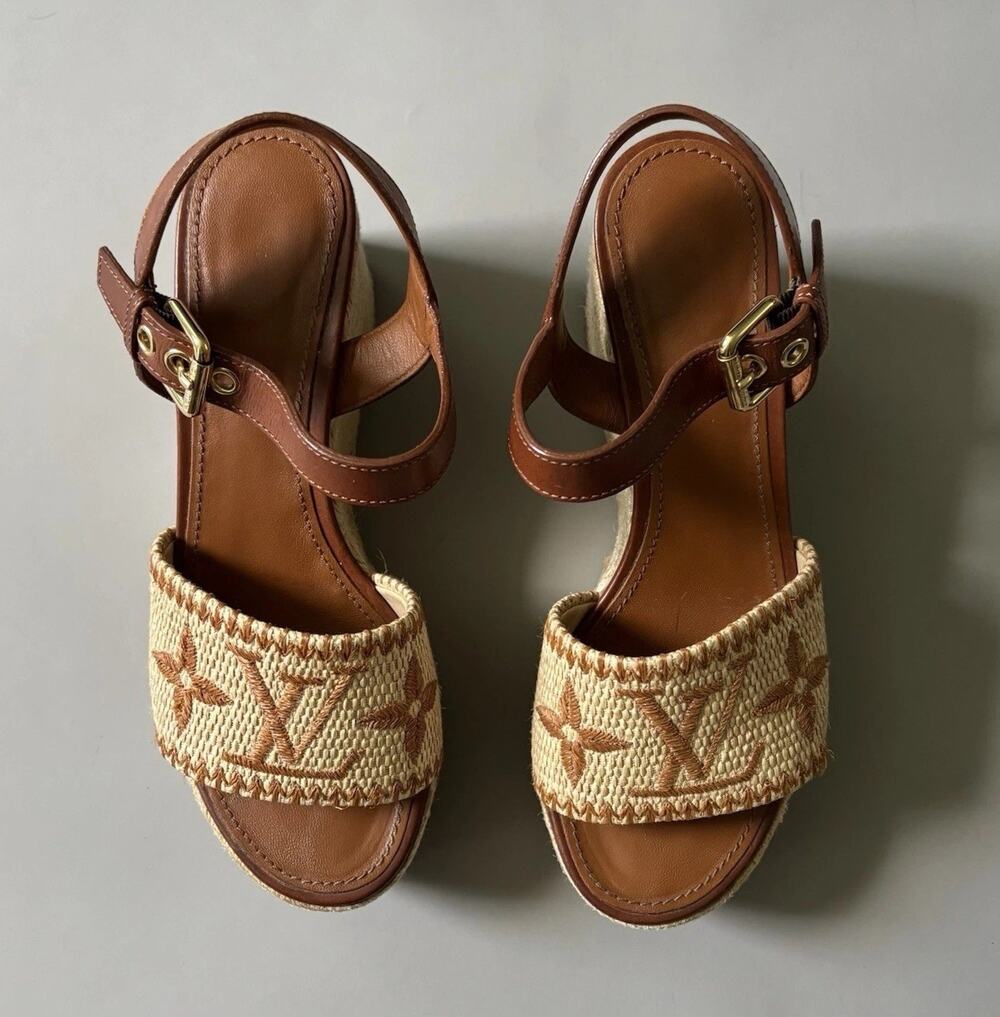 Louis Vuitton EU39 Helios Wedge Rafia Monogram Logo Platform Sandals
